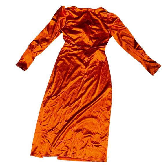 SHEIN Orange Satin Twist-Front Satin Midi Dress L Cutout Long Sleeve Slit - Picture 3 of 10